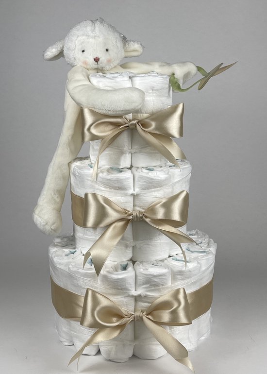 Chouette-Chouette | Luiertaart Neutraal | Kraamcadeau | Geboorte Jongen Meisje | Babyshower | Bunnies By The Bay Speenknuffel Lammetje Beige van Chouette-Chouette