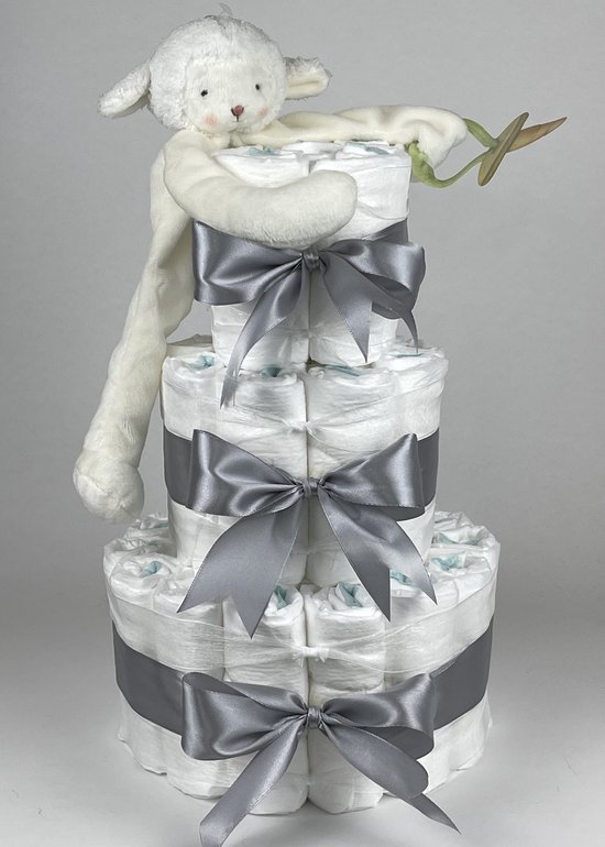 Chouette-Chouette | Luiertaart Neutraal | Kraamcadeau | Geboorte Jongen Meisje | Babyshower | Bunnies By The Bay Speenknuffel Lammetje Grijs van Chouette-Chouette