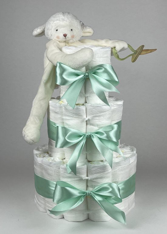 Chouette-Chouette | Luiertaart Neutraal | Kraamcadeau | Geboorte Jongen Meisje | Babyshower | Bunnies By The Bay Speenknuffel Lammetje Groen van Chouette-Chouette
