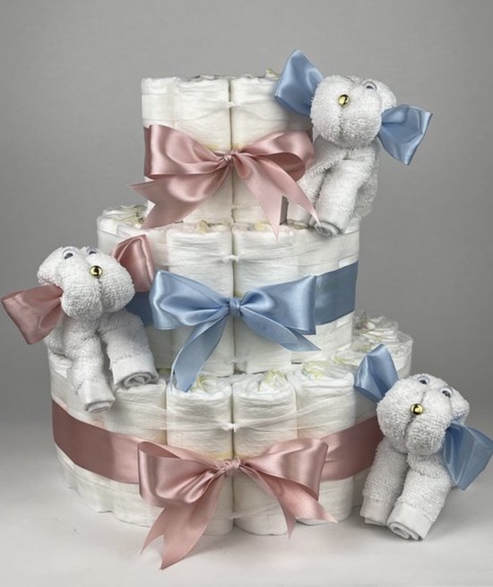 Chouette-Chouette | Luiertaart Neutraal | Kraamcadeau | Geboorte Jongen Meisje | Babyshower | Hondjes donker Poeder Roze - Blauw