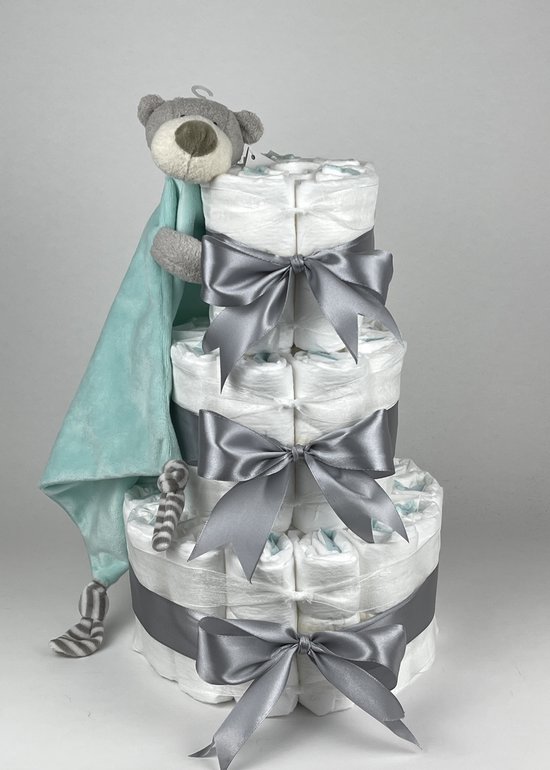 Chouette-Chouette | Luiertaart Neutraal | Kraamcadeau | Geboorte Jongen Meisje | Babyshower | Knuffeldoek Beer Mint groen - Grijs van Chouette-Chouette