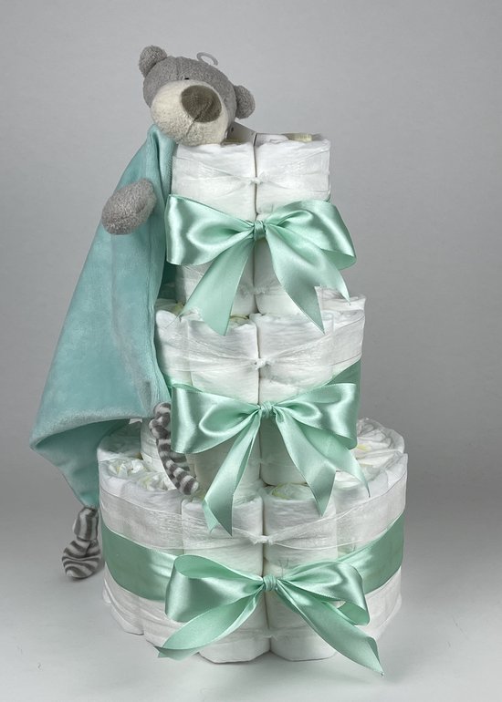 Chouette-Chouette | Luiertaart Neutraal | Kraamcadeau | Geboorte Jongen Meisje | Babyshower | Knuffeldoek Beer Mint groen - Groen van Chouette-Chouette