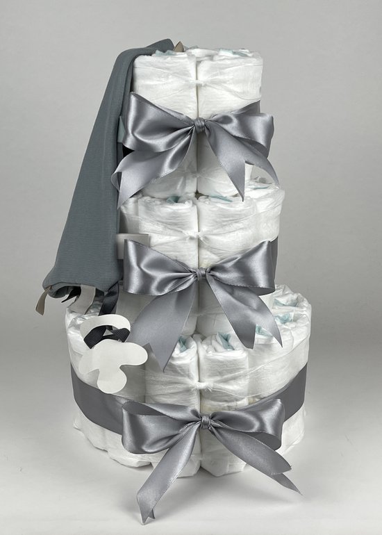 Chouette-Chouette | Luiertaart Neutraal | Kraamcadeau | Geboorte Jongen Meisje | Babyshower | Knuffeldoek Labels Grey-Blue - Grijs van Chouette-Chouette