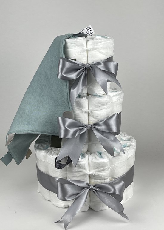 Chouette-Chouette | Luiertaart Neutraal | Kraamcadeau | Geboorte Jongen Meisje | Babyshower | Knuffeldoek Labels Stone groen - Grijs van Chouette-Chouette