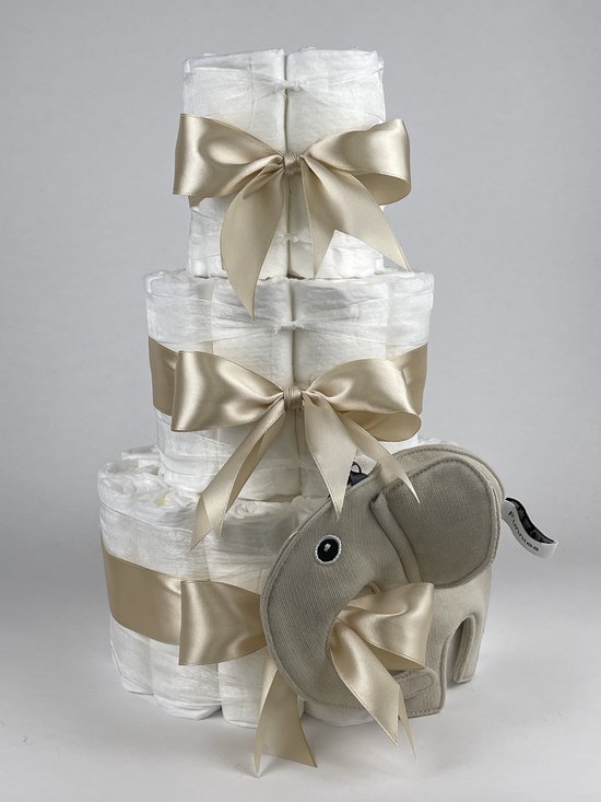 Chouette-Chouette | Luiertaart Neutraal | Kraamcadeau | Geboorte Jongen Meisje | Babyshower | Knuffeldoek Olifant Ollie Cream - Beige van Chouette-Chouette