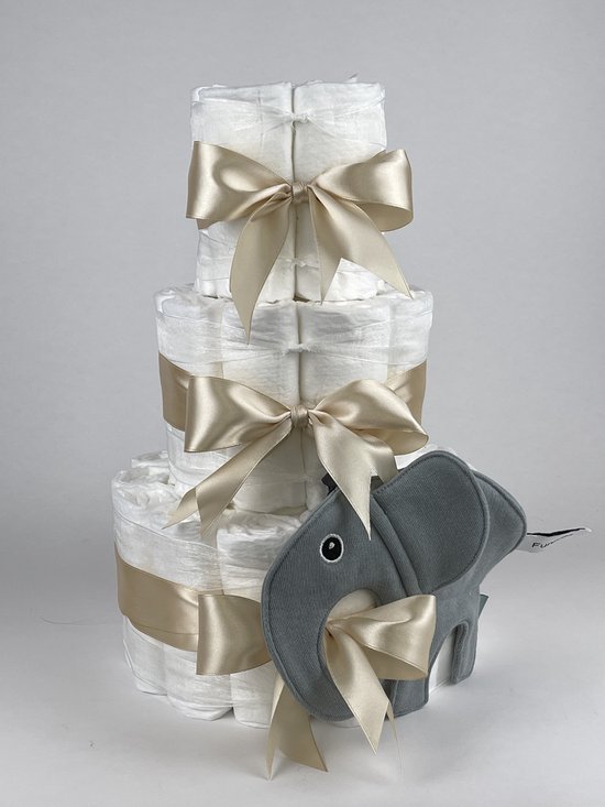 Chouette-Chouette | Luiertaart Neutraal | Kraamcadeau | Geboorte Jongen Meisje | Babyshower | Knuffeldoek Olifant Ollie Grey-Blue - Beige van Chouette-Chouette