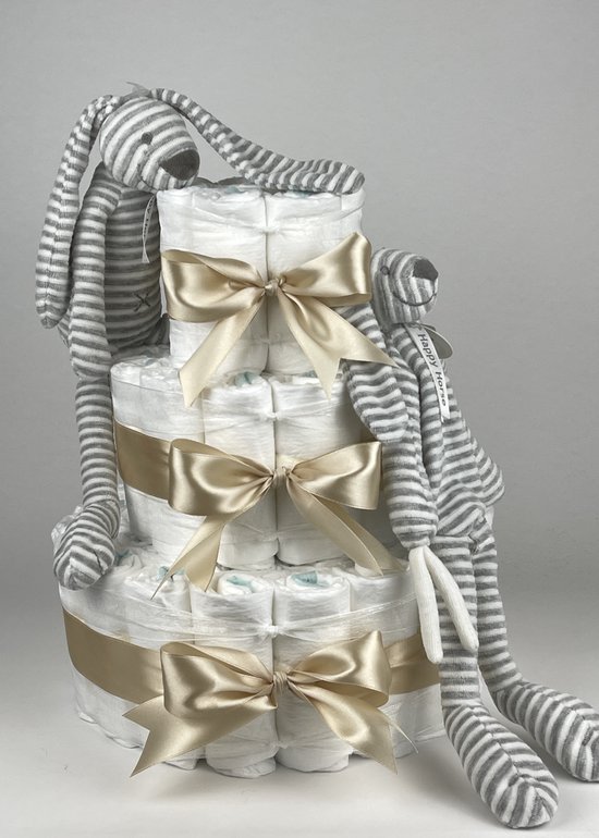Chouette-Chouette | Luiertaart Neutraal | Kraamcadeau | Geboorte Jongen Meisje | Babyshower | Konijn Reece Grijs - Beige van Chouette-Chouette
