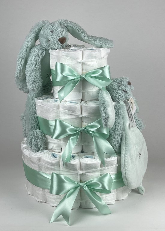 Chouette-Chouette | Luiertaart Neutraal | Kraamcadeau | Geboorte Jongen Meisje | Babyshower | Konijn Richie Lagoon - Groen van Chouette-Chouette
