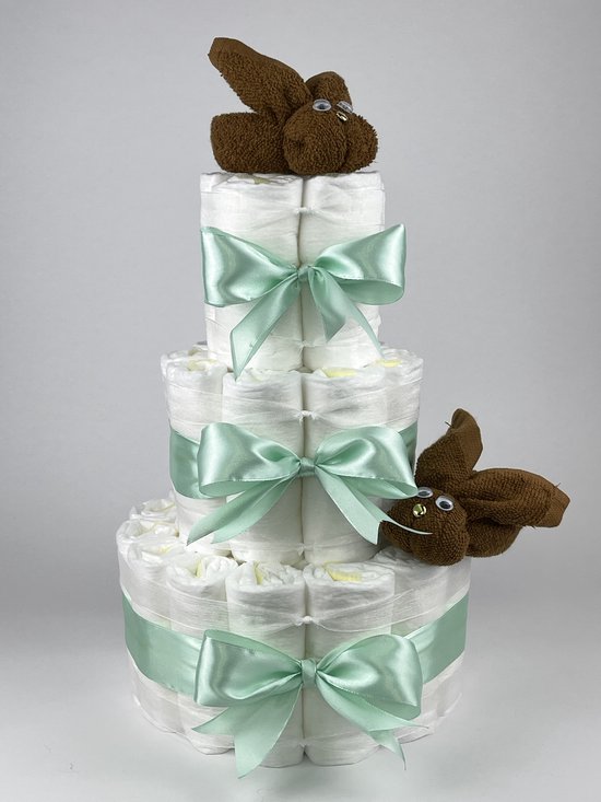 Chouette-Chouette | Luiertaart Neutraal | Kraamcadeau | Geboorte Jongen Meisje | Babyshower | Konijnen clay Bruin - Groen van Chouette-Chouette