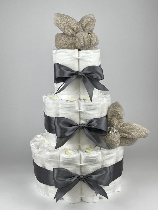 Chouette-Chouette | Luiertaart Neutraal | Kraamcadeau | Geboorte Jongen Meisje | Babyshower | Konijnen Cream - donker Grijs van Chouette-Chouette
