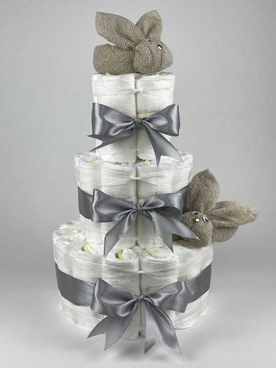 Chouette-Chouette | Luiertaart Neutraal | Kraamcadeau | Geboorte Jongen Meisje | Babyshower | Konijnen Cream - Grijs van Chouette-Chouette