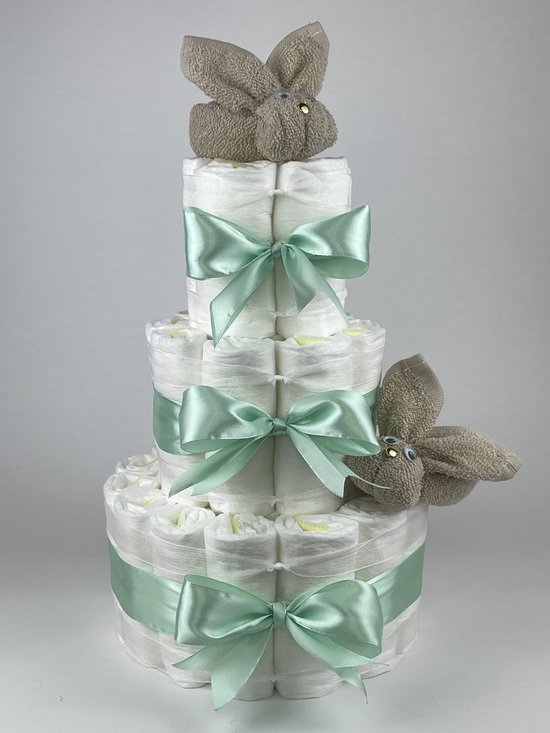 Chouette-Chouette | Luiertaart Neutraal | Kraamcadeau | Geboorte Jongen Meisje | Babyshower | Konijnen Cream - Groen van Chouette-Chouette