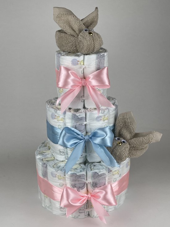 Chouette-Chouette | Luiertaart Neutraal | Kraamcadeau | Geboorte Jongen Meisje | Babyshower | Konijnen Cream - Roze - Blauw van Chouette-Chouette