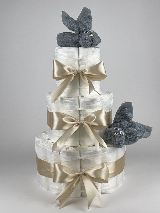Chouette-Chouette | Luiertaart Neutraal | Kraamcadeau | Geboorte Jongen Meisje | Babyshower | Konijnen Grey-Blue - Beige van Chouette-Chouette