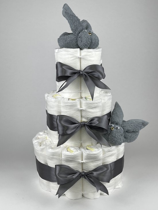 Chouette-Chouette | Luiertaart Neutraal | Kraamcadeau | Geboorte Jongen Meisje | Babyshower | Konijnen Grey-Blue - donker Grijs van Chouette-Chouette