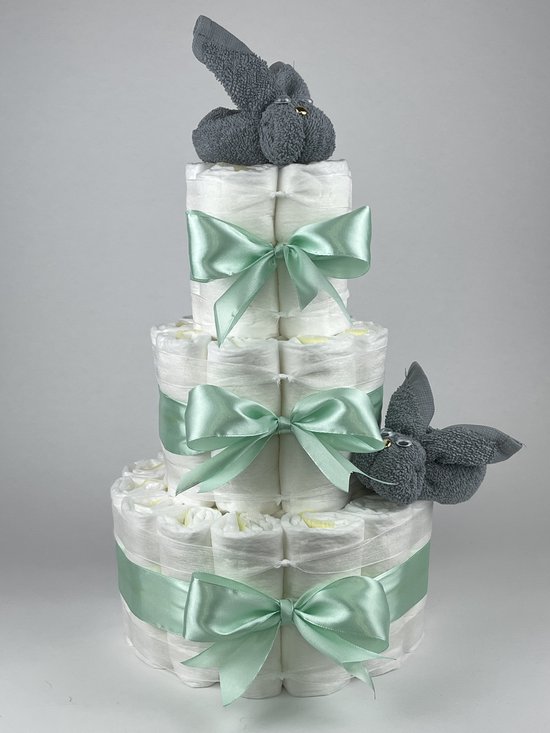 Chouette-Chouette | Luiertaart Neutraal | Kraamcadeau | Geboorte Jongen Meisje | Babyshower | Konijnen Grey-Blue - Groen van Chouette-Chouette