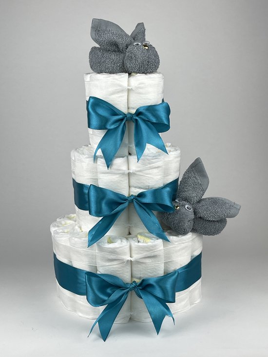 Chouette-Chouette | Luiertaart Neutraal | Kraamcadeau | Geboorte Jongen Meisje | Babyshower | Konijnen Grey-Blue - Petrol van Chouette-Chouette