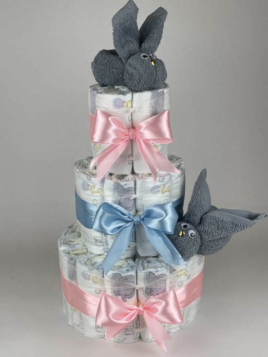 Chouette-Chouette | Luiertaart Neutraal | Kraamcadeau | Geboorte Jongen Meisje | Babyshower | Konijnen Grey-Blue - Roze - Blauw van Chouette-Chouette