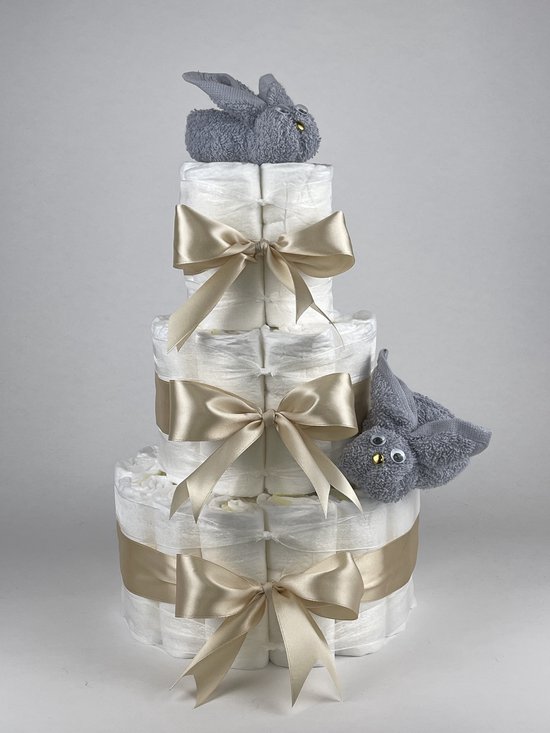 Chouette-Chouette | Luiertaart Neutraal | Kraamcadeau | Geboorte Jongen Meisje | Babyshower | Konijnen Grijs - Beige van Chouette-Chouette