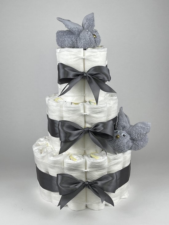 Chouette-Chouette | Luiertaart Neutraal | Kraamcadeau | Geboorte Jongen Meisje | Babyshower | Konijnen Grijs - donker Grijs van Chouette-Chouette