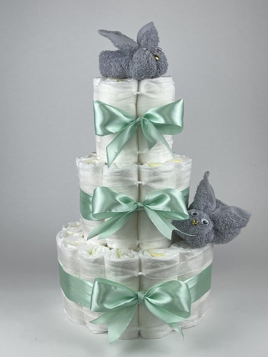Chouette-Chouette | Luiertaart Neutraal | Kraamcadeau | Geboorte Jongen Meisje | Babyshower | Konijnen Grijs - Groen van Chouette-Chouette