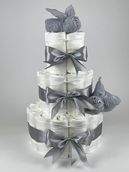 Chouette-Chouette | Luiertaart Neutraal | Kraamcadeau | Geboorte Jongen Meisje | Babyshower | Konijnen Grijs van Chouette-Chouette