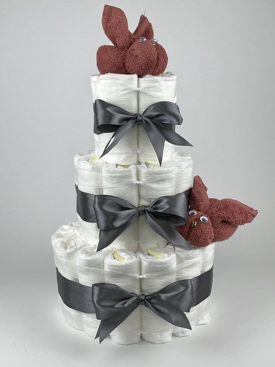 Chouette-Chouette | Luiertaart Neutraal | Kraamcadeau | Geboorte Jongen Meisje | Babyshower | Konijnen Koper - donker Grijs van Chouette-Chouette