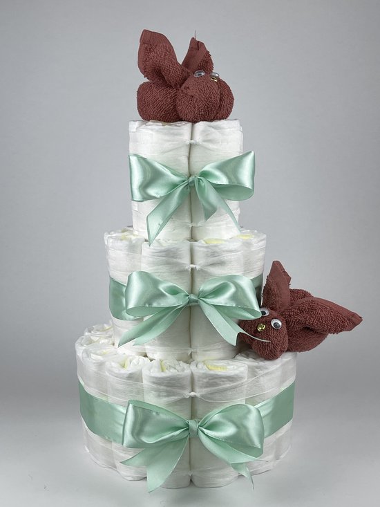 Chouette-Chouette | Luiertaart Neutraal | Kraamcadeau | Geboorte Jongen Meisje | Babyshower | Konijnen Koper - Groen van Chouette-Chouette