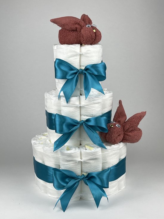Chouette-Chouette | Luiertaart Neutraal | Kraamcadeau | Geboorte Jongen Meisje | Babyshower | Konijnen Koper - Petrol van Chouette-Chouette