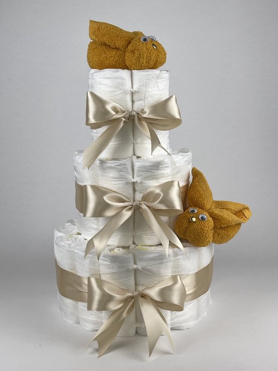 Chouette-Chouette | Luiertaart Neutraal | Kraamcadeau | Geboorte Jongen Meisje | Babyshower | Konijnen Oker - Beige van Chouette-Chouette
