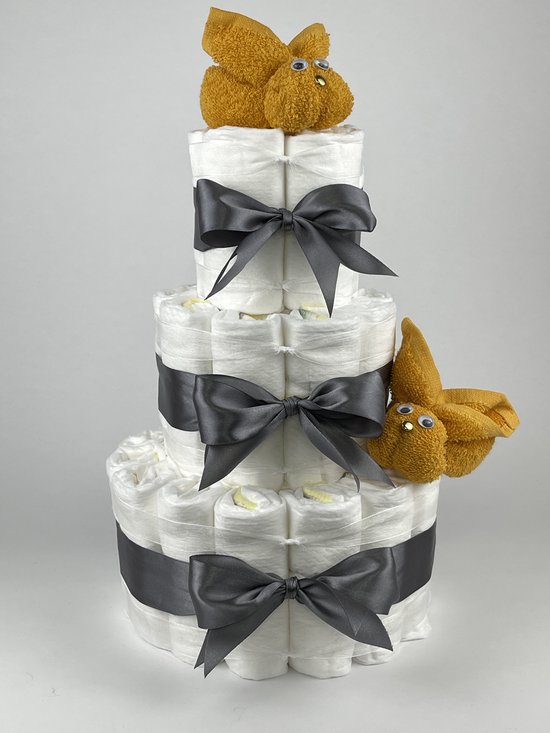 Chouette-Chouette | Luiertaart Neutraal | Kraamcadeau | Geboorte Jongen Meisje | Babyshower | Konijnen Oker - donker Grijs van Chouette-Chouette