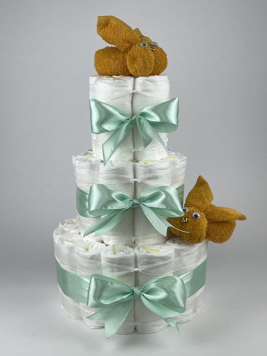 Chouette-Chouette | Luiertaart Neutraal | Kraamcadeau | Geboorte Jongen Meisje | Babyshower | Konijnen Oker - Groen van Chouette-Chouette