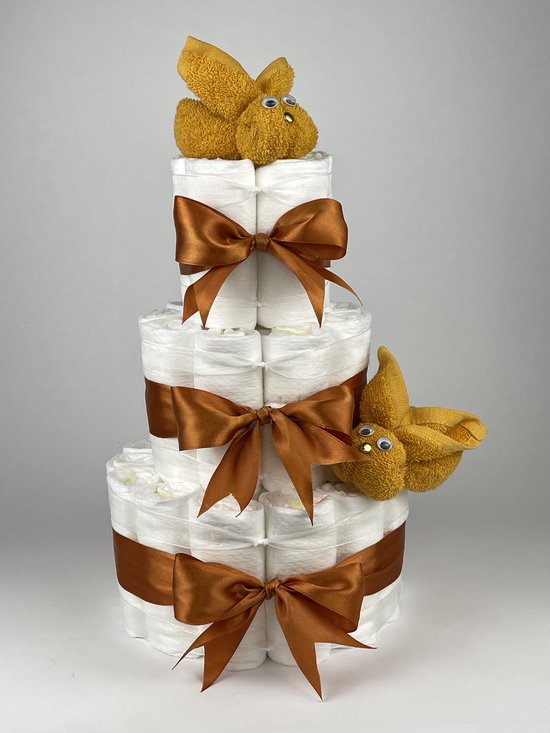Chouette-Chouette | Luiertaart Neutraal | Kraamcadeau | Geboorte Jongen Meisje | Babyshower | Konijnen Oker - Koper van Chouette-Chouette
