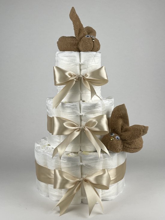 Chouette-Chouette | Luiertaart Neutraal | Kraamcadeau | Geboorte Jongen Meisje | Babyshower | Konijnen Sand - Beige van Chouette-Chouette