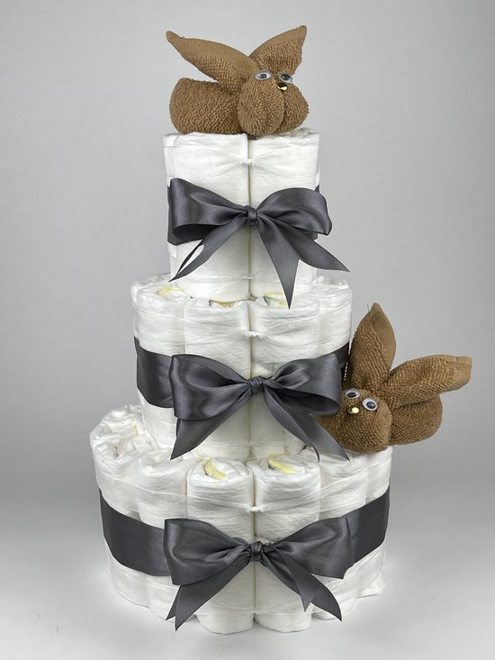 Chouette-Chouette | Luiertaart Neutraal | Kraamcadeau | Geboorte Jongen Meisje | Babyshower | Konijnen Sand - donker Grijs van Chouette-Chouette