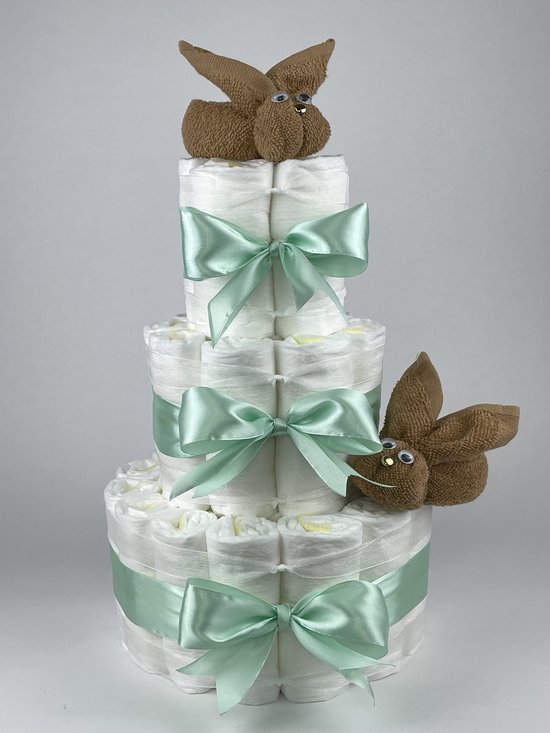 Chouette-Chouette | Luiertaart Neutraal | Kraamcadeau | Geboorte Jongen Meisje | Babyshower | Konijnen Sand - Groen van Chouette-Chouette