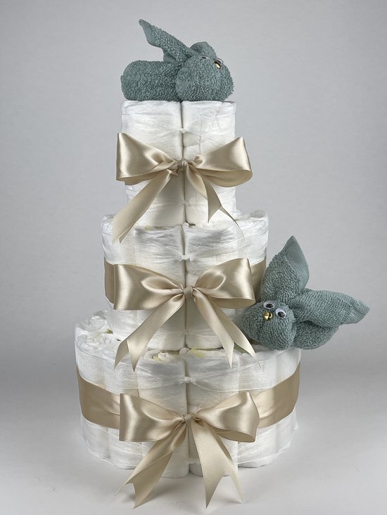 Chouette-Chouette | Luiertaart Neutraal | Kraamcadeau | Geboorte Jongen Meisje | Babyshower | Konijnen Stone groen - Beige van Chouette-Chouette