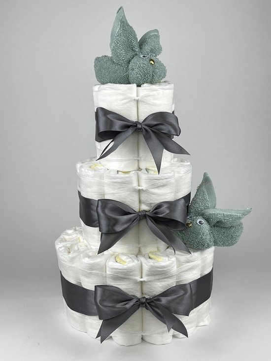 Chouette-Chouette | Luiertaart Neutraal | Kraamcadeau | Geboorte Jongen Meisje | Babyshower | Konijnen Stone groen - donker Grijs van Chouette-Chouette