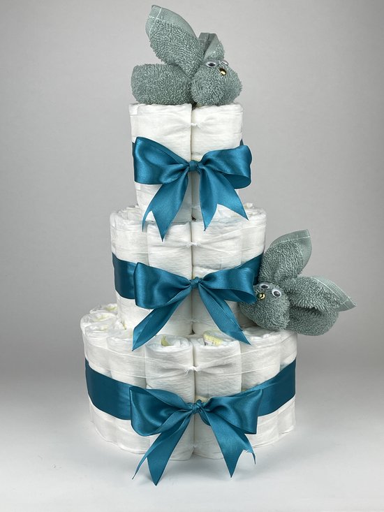 Chouette-Chouette | Luiertaart Neutraal | Kraamcadeau | Geboorte Jongen Meisje | Babyshower | Konijnen Stone groen - Petrol van Chouette-Chouette