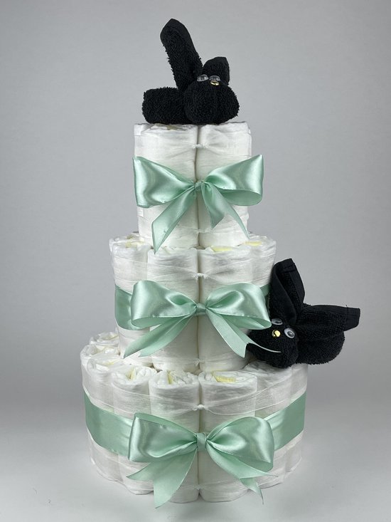 Chouette-Chouette | Luiertaart Neutraal | Kraamcadeau | Geboorte Jongen Meisje | Babyshower | Konijnen Zwart - Groen van Chouette-Chouette