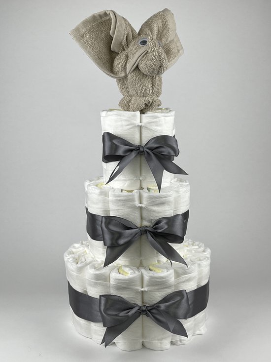 Chouette-Chouette | Luiertaart Neutraal | Kraamcadeau | Geboorte Jongen Meisje | Babyshower | Olifant Cream - donker Grijs van Chouette-Chouette