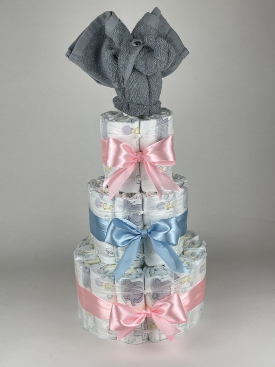 Chouette-Chouette | Luiertaart Neutraal | Kraamcadeau | Geboorte Jongen Meisje | Babyshower | Olifant Grey-Blue - Roze - Blauw van Chouette-Chouette