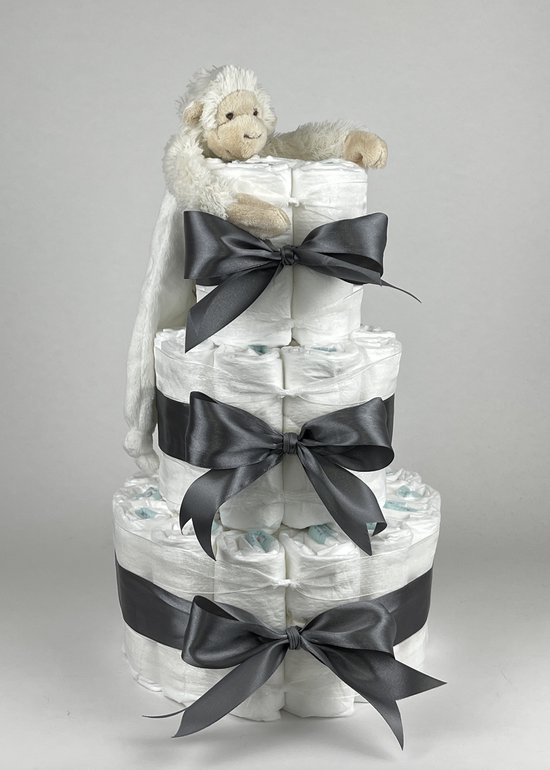 Chouette-Chouette | Luiertaart Neutraal | Kraamcadeau | Geboorte Jongen Meisje | Babyshower | Tuttle Aap Mickey Ivory - donker Grijs van Chouette-Chouette