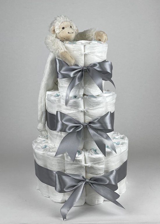 Chouette-Chouette | Luiertaart Neutraal | Kraamcadeau | Geboorte Jongen Meisje | Babyshower | Tuttle Aap Mickey Ivory - Grijs van Chouette-Chouette