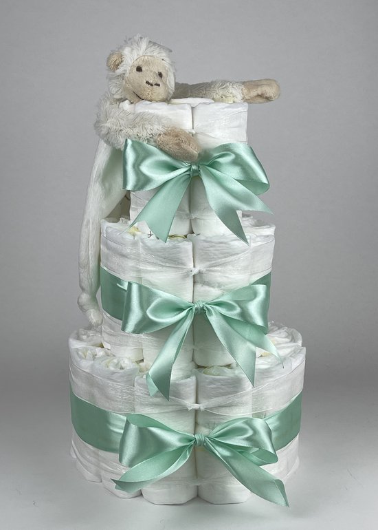Chouette-Chouette | Luiertaart Neutraal | Kraamcadeau | Geboorte Jongen Meisje | Babyshower | Tuttle Aap Mickey Ivory - Groen van Chouette-Chouette