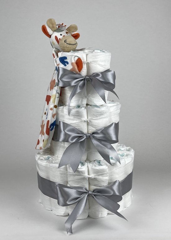 Chouette-Chouette | Luiertaart Neutraal | Kraamcadeau | Geboorte Jongen Meisje | Babyshower | Tuttle Giraffe Gilles Grijs van Chouette-Chouette