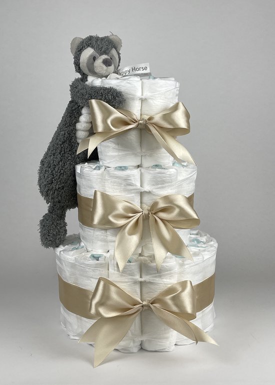 Chouette-Chouette | Luiertaart Neutraal | Kraamcadeau | Geboorte Jongen Meisje | Babyshower | Tuttle Happy Raccoon Beige van Chouette-Chouette