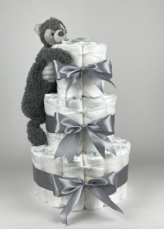 Chouette-Chouette | Luiertaart Neutraal | Kraamcadeau | Geboorte Jongen Meisje | Babyshower | Tuttle Happy Raccoon Grijs van Chouette-Chouette