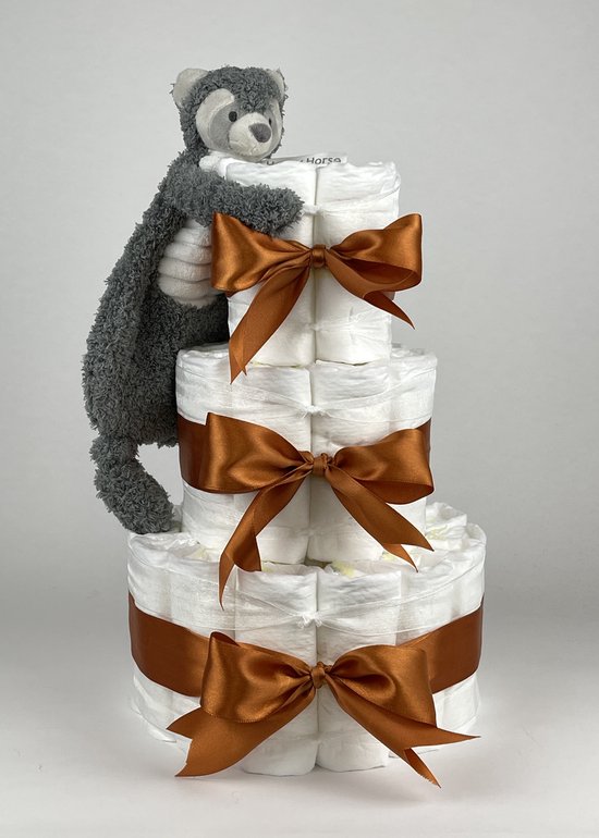 Chouette-Chouette | Luiertaart Neutraal | Kraamcadeau | Geboorte Jongen Meisje | Babyshower | Tuttle Happy Raccoon Koper van Chouette-Chouette