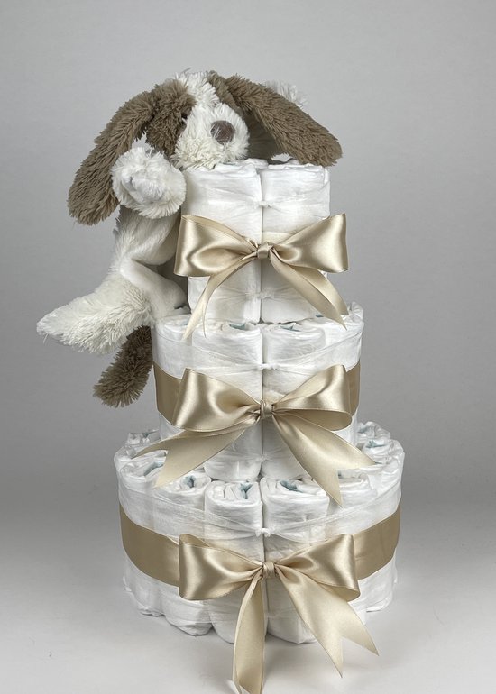 Chouette-Chouette | Luiertaart Neutraal | Kraamcadeau | Geboorte Jongen Meisje | Babyshower | Tuttle Hond David Beige van Chouette-Chouette